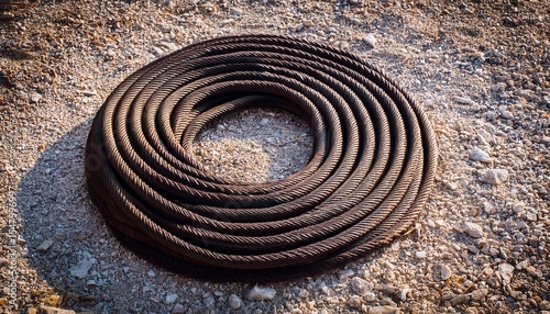 coiled rope on ground with gravel texture