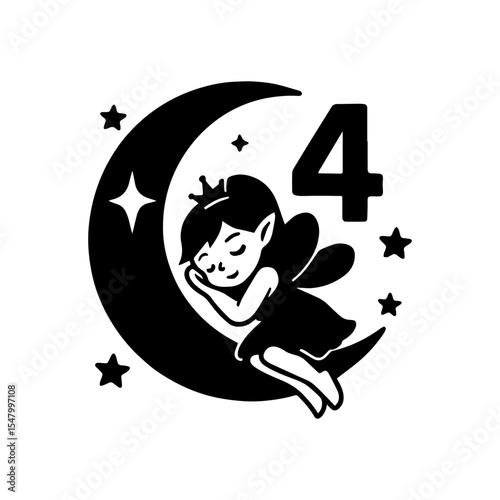 Magical moon with sleeping fairy icon with transparent background celebrating 4 year old birthday party and whimsical bedtime theme
