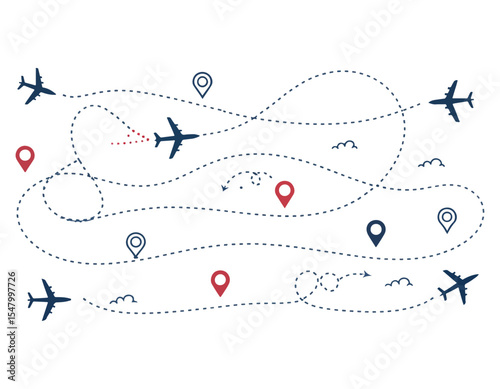 Airplane line path travel line icon vector, airplane location path in dotted line, airplane routes dashed line trace point to finish isolated on white background.Airplane route trace flight vector ill