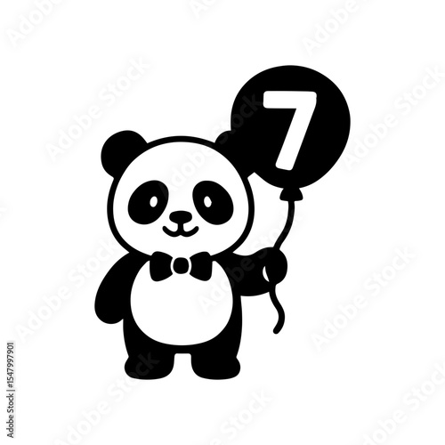 Panda with bowtie holding balloon icon with transparent background celebrating 7 year old birthday party and cute festive fun

