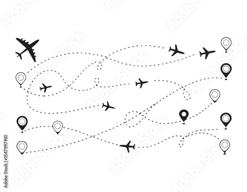 Airplane line path travel line icon vector, airplane location path in dotted line, airplane routes dashed line trace point to finish isolated on white background.Airplane route trace flight vector ill