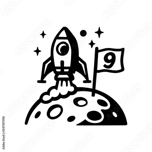 Spaceship landing on moon icon with transparent background celebrating 9 year old birthday party and space adventure theme
