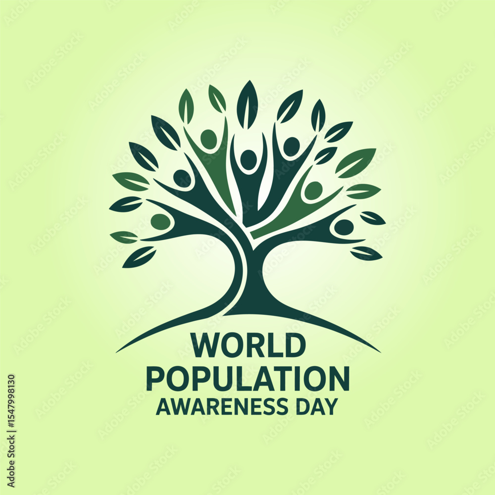 Obraz premium Minimal green population awareness emblem with tree symbol and rounded leaves forming growth design 
