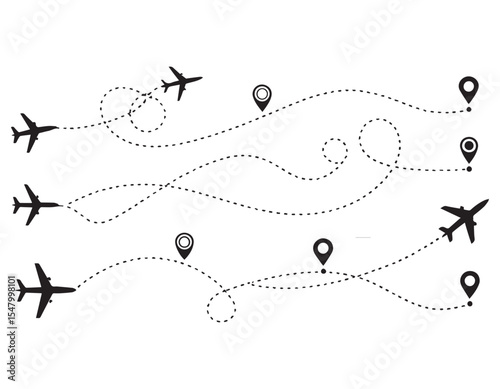 Airplane line path travel line icon vector, airplane location path in dotted line, airplane routes dashed line trace point to finish isolated on white background.Airplane route trace flight vector ill