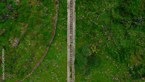 Top-down aerial view of a narrow concrete stair cutting through a vibrant green, rocky landscape