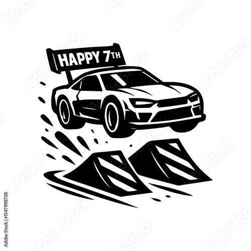 Race car jumping over ramps icon with transparent background celebrating 7 year old birthday party and motorsport excitement
