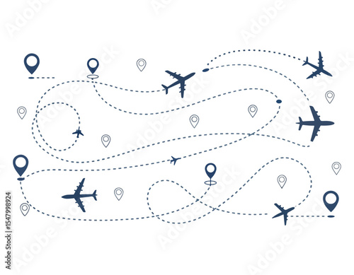 The flight path of the aircraft from the point of location along the dotted line.Airplane dashed lines path with start point and dash line trace vector seT

