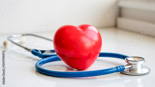 A smooth red heart stress ball lies on a blue stethoscope with soft lighting and a clean white blurred background