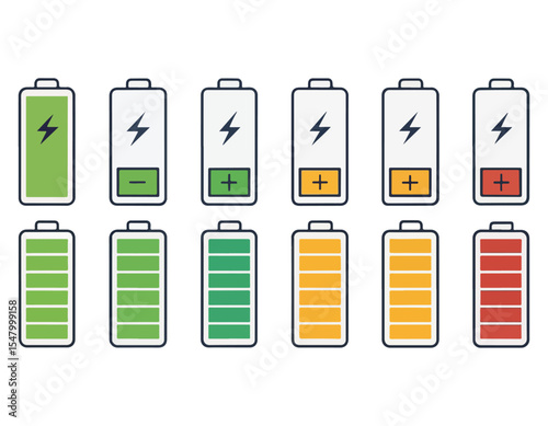 Battery icon set,charge status indicators,Cartoon full, low and empty charge indicators. Smartphone signs set, High quality colorful style vector icons. Green 100% 75%, orange 50%, red 25% 0, batterie