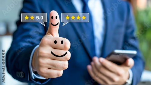A smiling thumb held up by a person in a blue suit with floating five-star icons and a blurry background