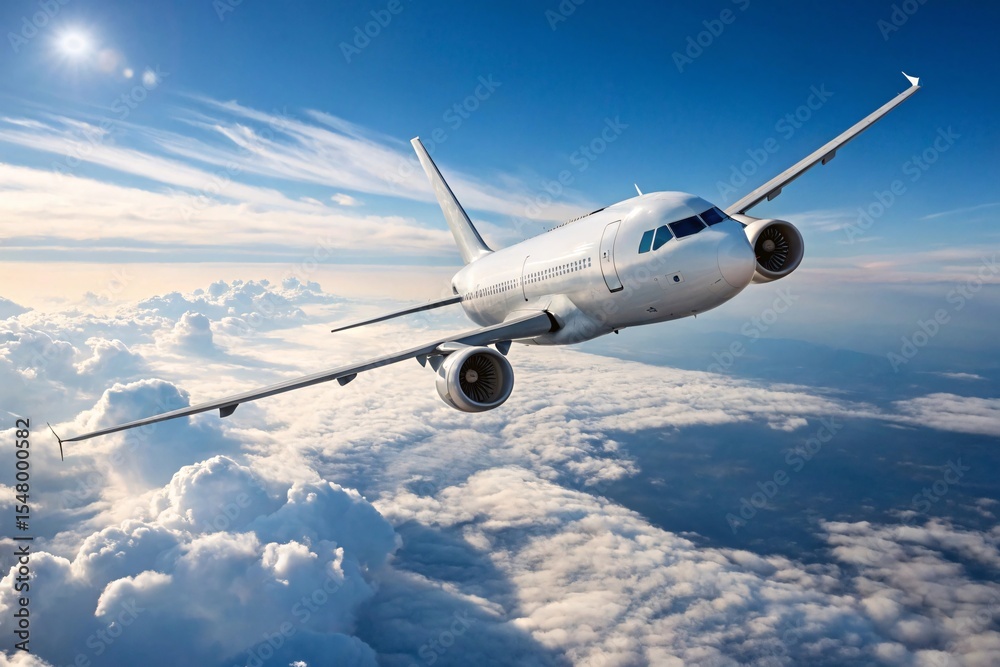Fototapeta premium Airplane in Flight Over Clouds | Commercial Passenger Jet Flying Above Serene White Clouds and Blue Sky for Travel Marketing, Transportation and Aviation Industry