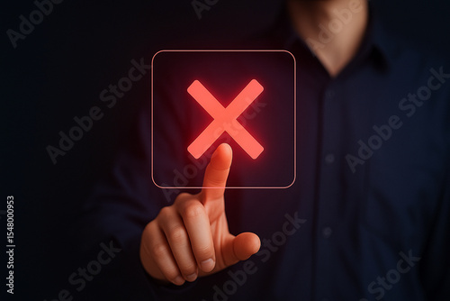 Businessman Touching Glowing Red X Delete Icon on Virtual Screen in Dark Background for Technology and User Interface Concept