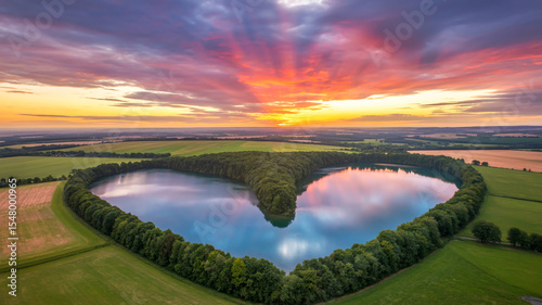 A stunning aerial photograph of a heart-shaped lake at sunset