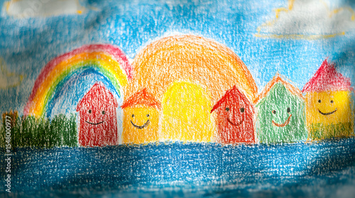 A vibrant and joyful child's drawing contrasts sharply with a war-torn background. Colorful houses and a bright rainbow symbolize hope amidst conflict, embodying resilience and childlike innocence.
