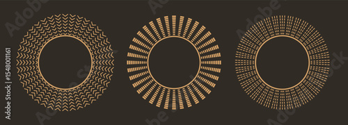 Linear gold elegant frames, round mirror shapes. Thin ornamental line rays. Trendy vector magic talisman, tattoo, gipsy symbol, celestial forms