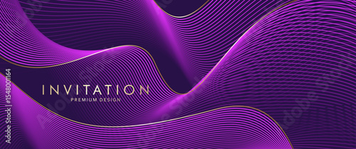 Abstract elegant vector background with wavy purple and gold lines. Premium illustration with 3D effects in motion for invitation, flyer, cover design, business banner, prestigious voucher, ads.