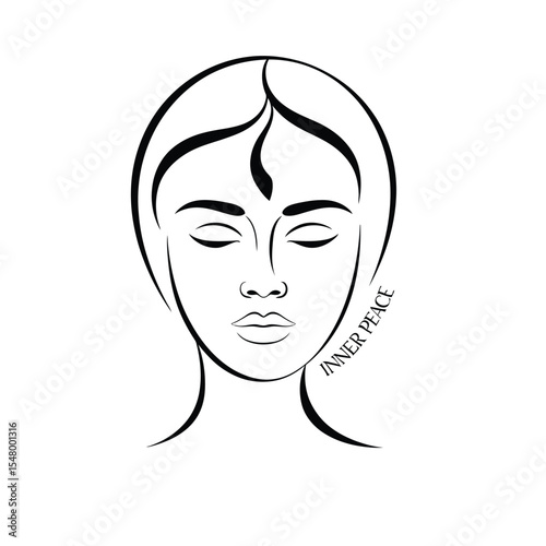 Minimalist outline of peaceful face in black and white vector