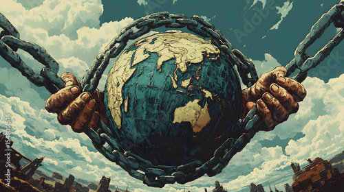 A chained Earth gripped by giant hands against a desolate, war-torn cityscape symbolizes global crisis. The image evokes oppression and environmental destruction in a somber background.