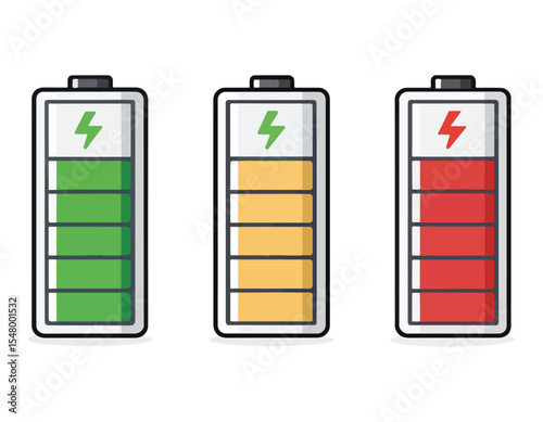 Battery icon set. Battery Full charge indicator or low charge sign,Battery Charging indicator in thin line and flat icon collection. Vector illustration