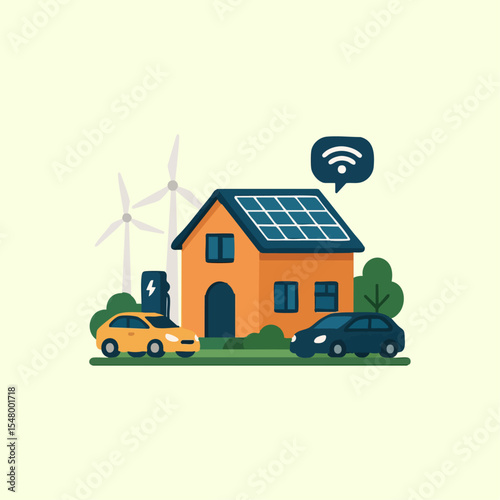 Smart Eco-Friendly Home with Solar Panels, Wind Turbines, and Electric Cars