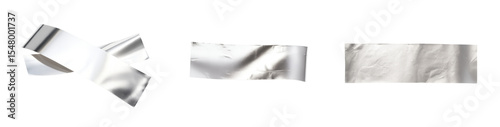 A set of 3D elements in the form of strips of chrome plated adhesive tape with a mirrored surface. Metallized textures with curves, shadows and crumpled foil effect. Realistic rendering in high-gloss 