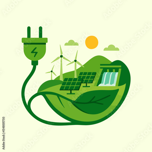 Green Energy Leaf Concept with Solar, Wind, and Hydroelectric Power Icons
