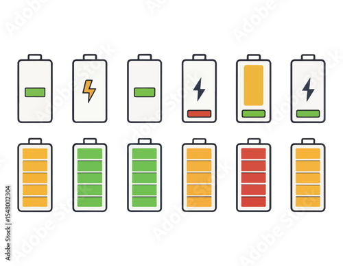 Battery icon set. Battery Full charge indicator or low charge sign,Battery Charging indicator in thin line and flat icon collection. Vector illustration