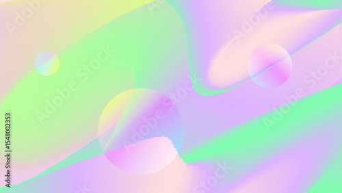 Colorful abstract background with soft gradient waves and translucent spheres in pastel green, pink, and violet tones