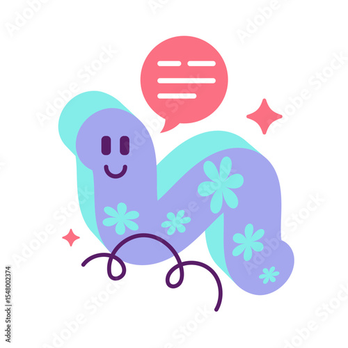 Cute cartoon worm character with speech bubble in bright pastel colors represents cheerful communication concept