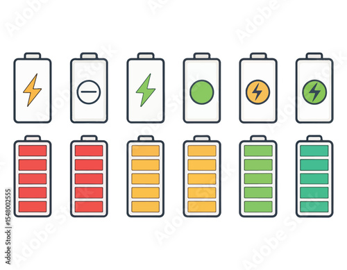 Battery icon set. Battery Full charge indicator or low charge sign,Battery Charging indicator in thin line and flat icon collection. Vector illustration