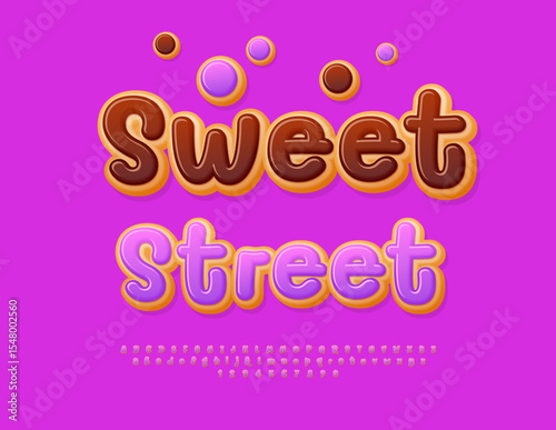 Vector Delicious template Sweet Street. Violet Glazed Font. Cake style set of Tasty Alphabet Letters and Numbers.