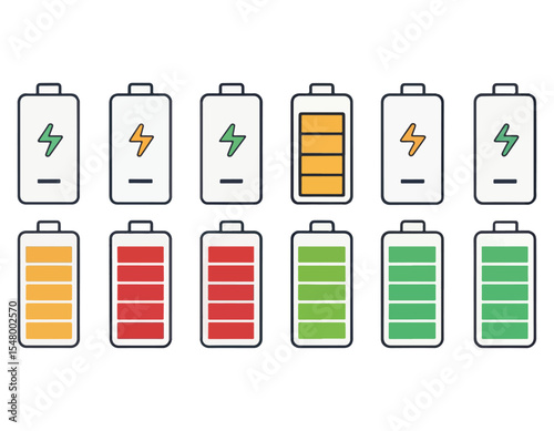Battery icon set. Battery Full charge indicator or low charge sign,Battery Charging indicator in thin line and flat icon collection. Vector illustration