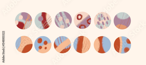 Set of abstract hand-drawn circle symbols with textured brush strokes. Organic doodle patterns in muted red, blue, lilac and beige. Modern minimalist artistic decoration on light background.