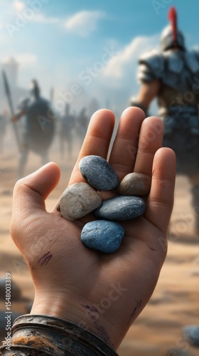 Ancient warrior hand holding stones in battlefield scene