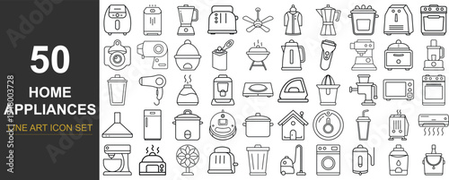 50 Line Art Vector Icons of Modern Home Appliances Including Kitchen Gadgets, Smart Devices, Cleaning Tools, and Essential Electronics for Interior Design, E-Commerce, and UI Projects