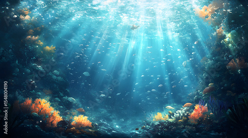 An underwater world teeming with life, sunlight piercing through the depths, creating a mesmerizing aquatic ballet. Fish school amidst vibrant corals, a tranquil escape from war.