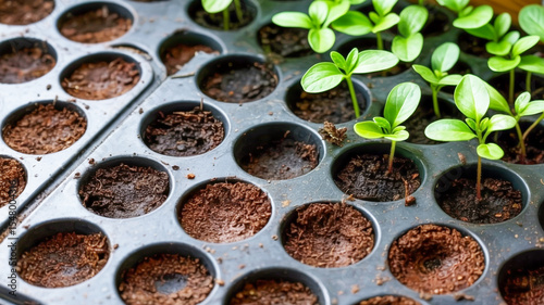 A top view shows a black plastic seedling tray filled with rich soil and tiny green seedlings growing in perfect circular cells
