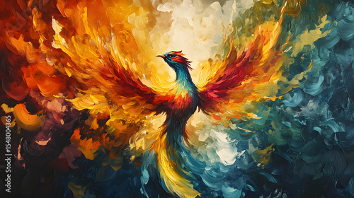 Fiery phoenix soars against a war-torn backdrop, its impasto wings ablaze with orange, yellow, blue, and green hues. Abstract art depicting rebirth and resilience in conflict.
