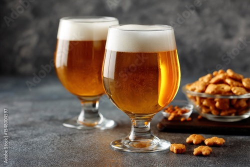 Two beers sit by snacks Frothy brews  a bowl of animal crackers on a textured table against a blurry backdrop