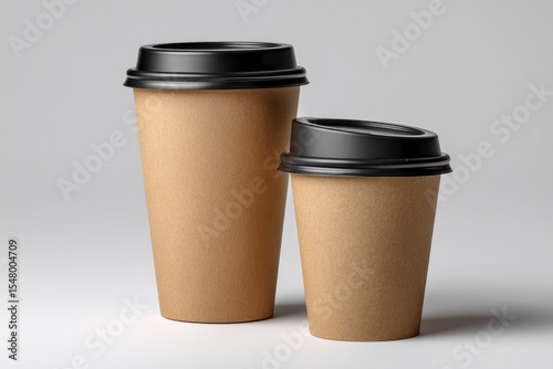 Two brown paper coffee cups with black lids stand on a light gray surface