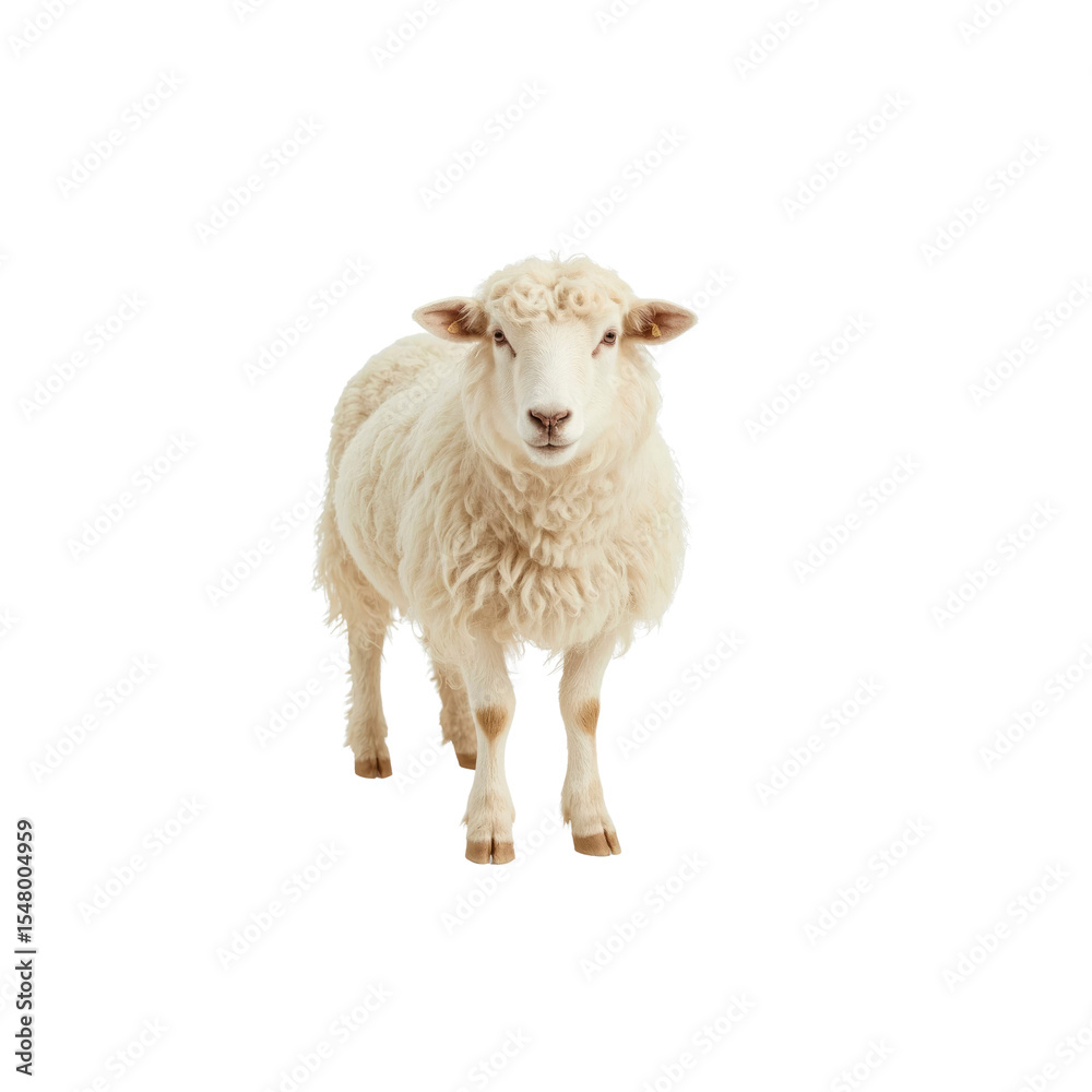 Fototapeta premium Fluffy White Sheep Standing on White Background