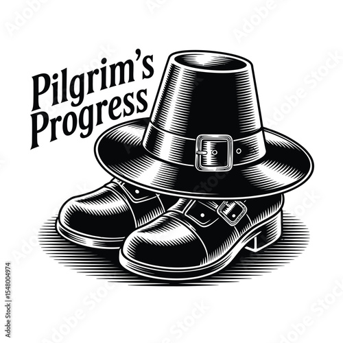  Pilgrim hat shoes and buckles in black and white vector