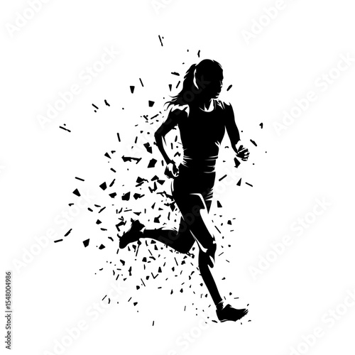Run, running woman. Female marathon runner. Isolated abstract vector silhouette, run clip art with dispersion effect