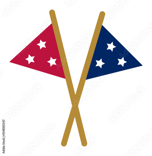 Two triangular nautical flags, one red and one blue, each adorned with three white stars, are crossed and attached to wooden poles, symbolizing maritime communication or racing