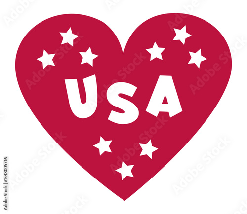 Stylized red heart representing love for the USA, adorned with white stars and bold lettering, perfect for patriotic designs and celebrations honoring national pride and independence
