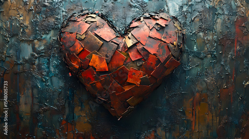 Textured metallic heart art with rustic reds, oranges, and browns set against a dark, heavily textured background evoking a war-torn scene. An oil painting style with impasto technique.