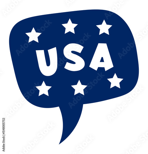 Dark blue speech bubble with white text USA surrounded by white stars celebrating United States of America, promoting patriotism and national identity