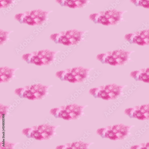 Seamless watercolor pattern with soft pink clouds. Cute dreamy texture perfect for nursery design, baby clothes, kids room decor, and whimsical backgrounds.