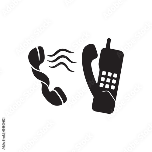 Two black telephone handsets with one showing sound waves on a white isolated background view