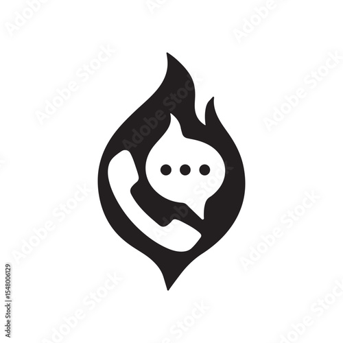 A black and white graphic of a phone receiver and a speech bubble inside a flame shaped icon